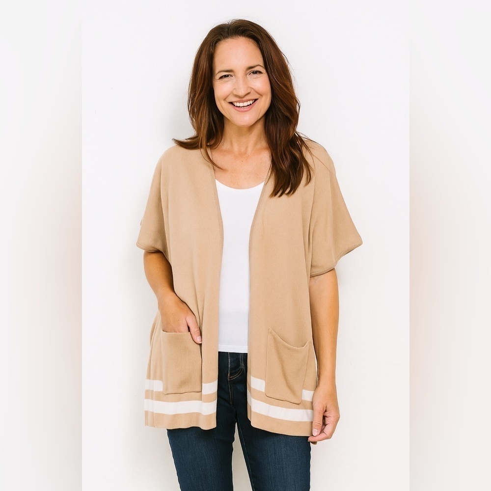Lysse Tan White Poncho Sweater Large / XL Fall Classy